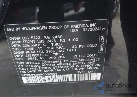 2024 Volkswagen Id.4 Standard из США, поврежденный, VIN 1V2BMPE89RC002568